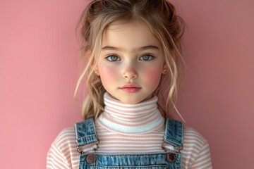 Trendy Young Girl in Denim Overalls and Striped Turtleneck Against Pink Background Fashion Photography