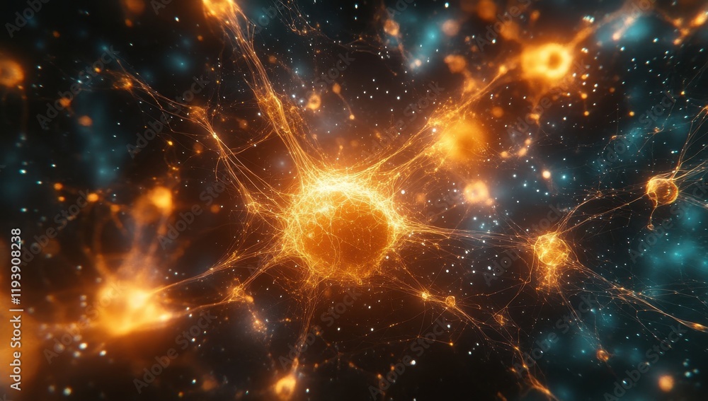 Poster vibrant neural network visualization in space, representing neurons, synapses, and the complexity of