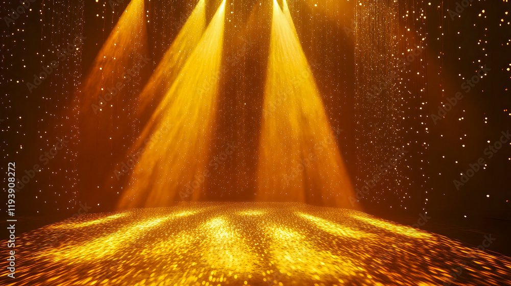 Poster golden stage lights with sparkling background and shimmering floor creating a dramatic atmosphere fo
