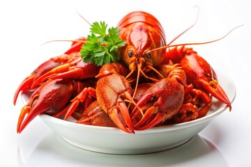 Delicious boiled crayfish, vibrant red against a white background, showcasing the exquisite details of this seafood delicacy.