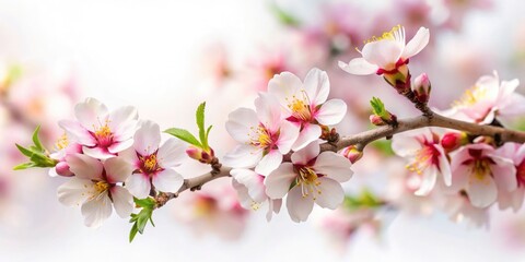 Fototapeta premium Delicate spring almond blossoms, captured in macro detail with tilt-shift, create a dreamy floral image against white.