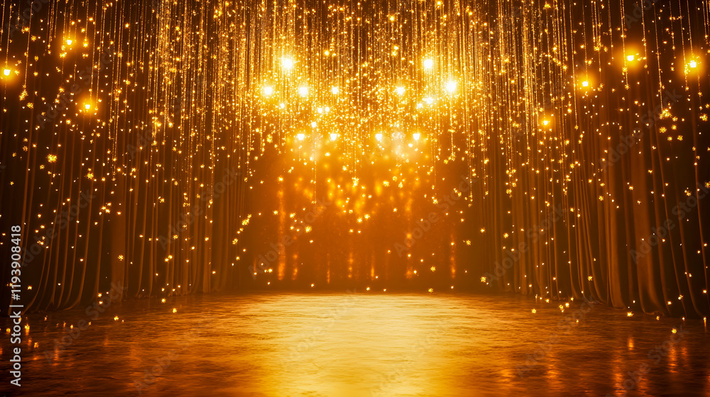 Poster stunning gold light display with shimmering stars and bright bokeh effects in an enchanting backgrou