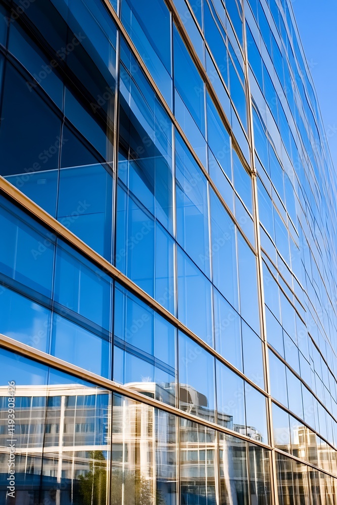 Poster modern glass office building exterior with reflective windows in urban setting : generative ai