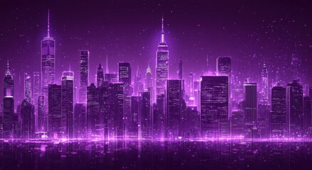Fototapeta premium Vibrant Purple Cityscape at Night with Sparkling Lights, Towering Skyscrapers, and a Futuristic Feel, Captivating Urban Skyline Against the Dark Sky and Starry Background