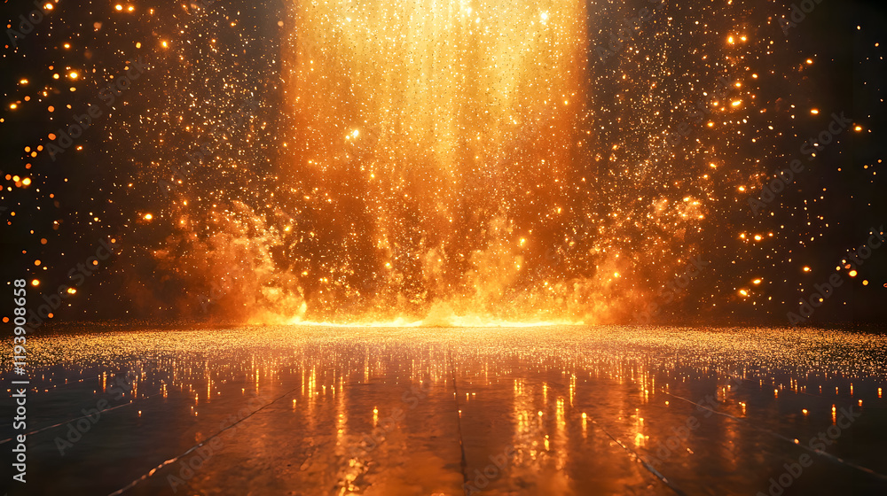 Poster radiant golden particles emanating from ground in dark space creating a magical and enthralling atmo