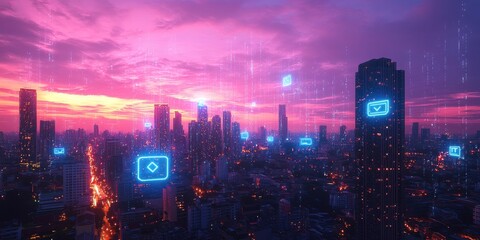 Fototapeta premium Vibrant Urban Skyline at Dusk with Neon Digital Icons Representing Communication and Technology in a Futuristic Cityscape