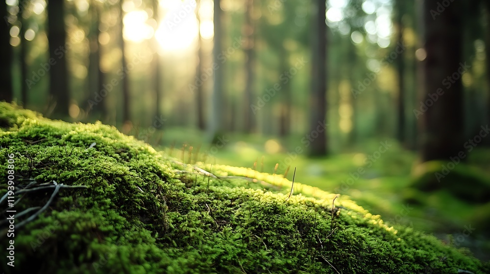 Poster lush green forest with sunlit moss-covered ground in tranquil setting : generative ai