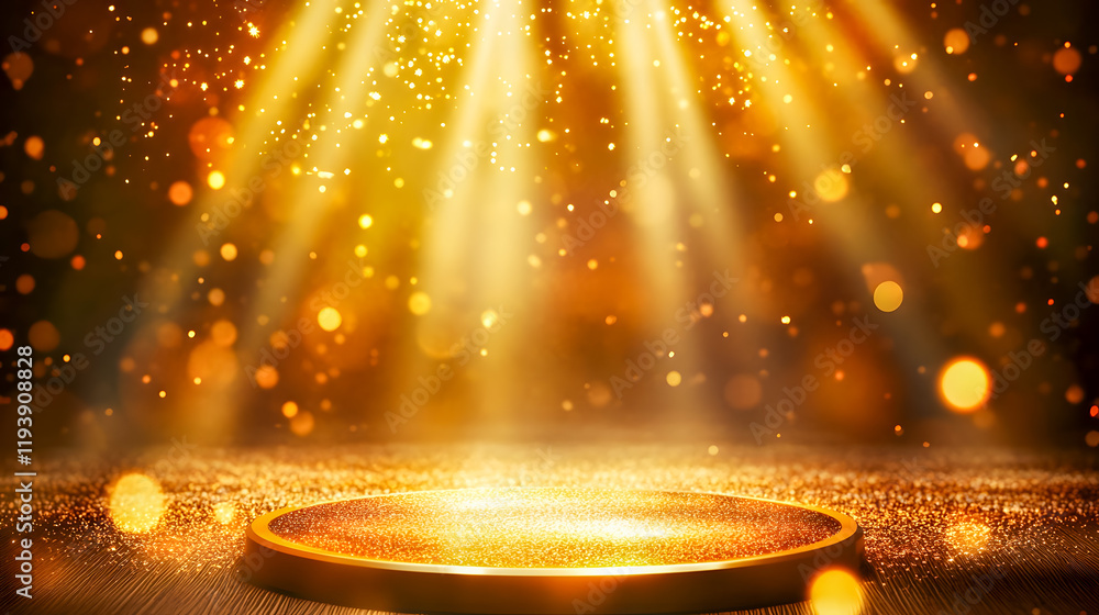 Poster glowing stage with golden sparkles and radiant light beams illuminating an empty round platform in a