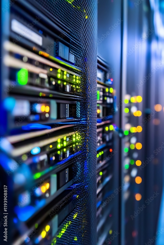 Aufkleber Electronic Server Room with Blinking LED Displays and Network Hardware Components : Generative AI