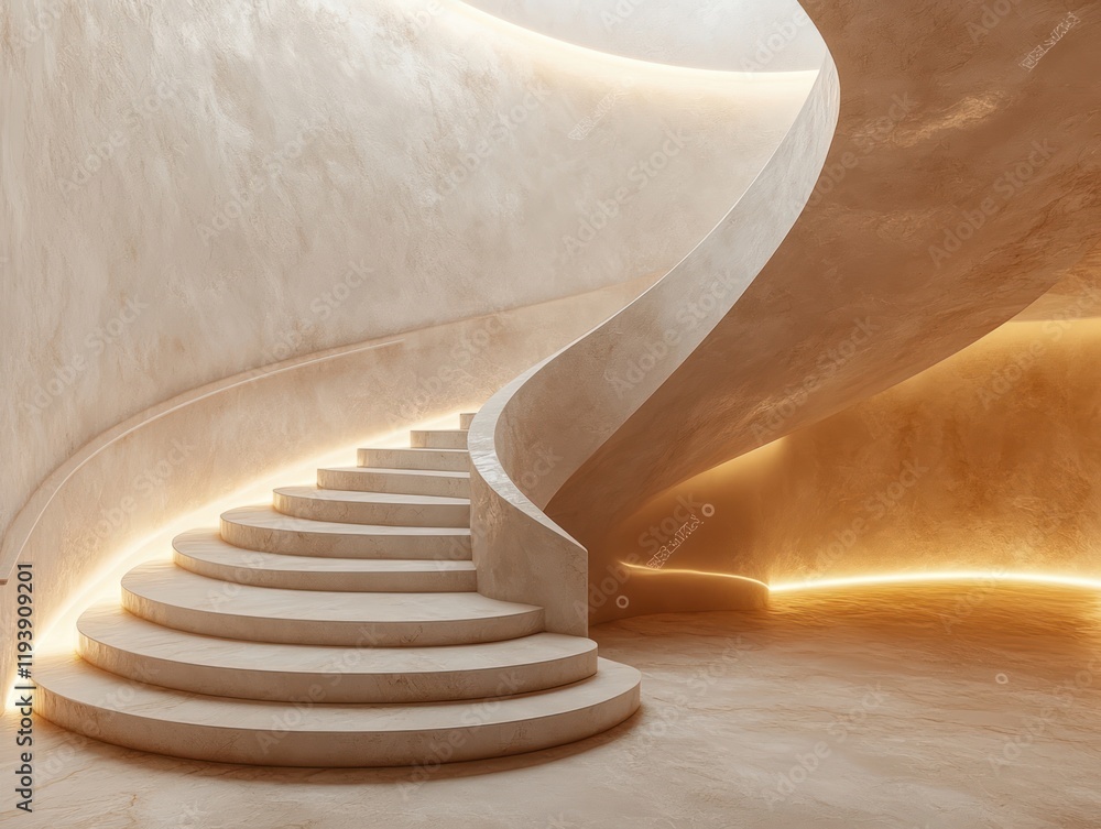 Poster curved minimalist staircase with round platform elegant design soft lighting modern architecture