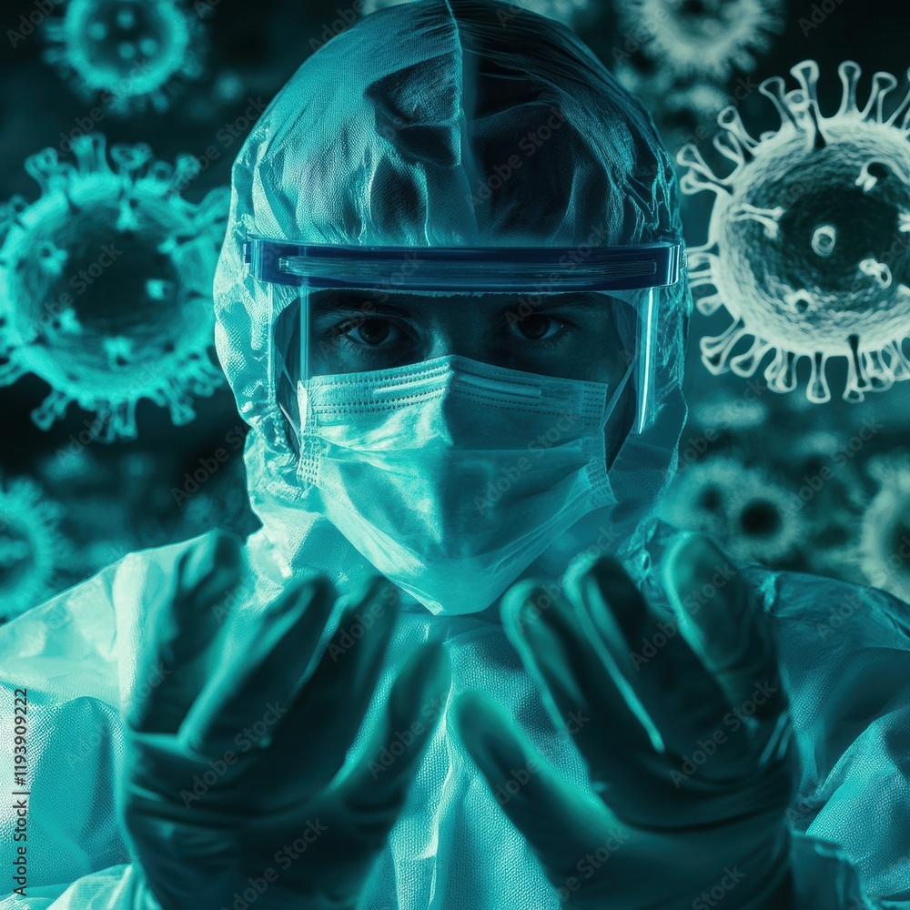 Leinwandbilder Protective gear displaying a mask and gloves while surrounded by fading representations of viruses in a clinical environment. Generative AI