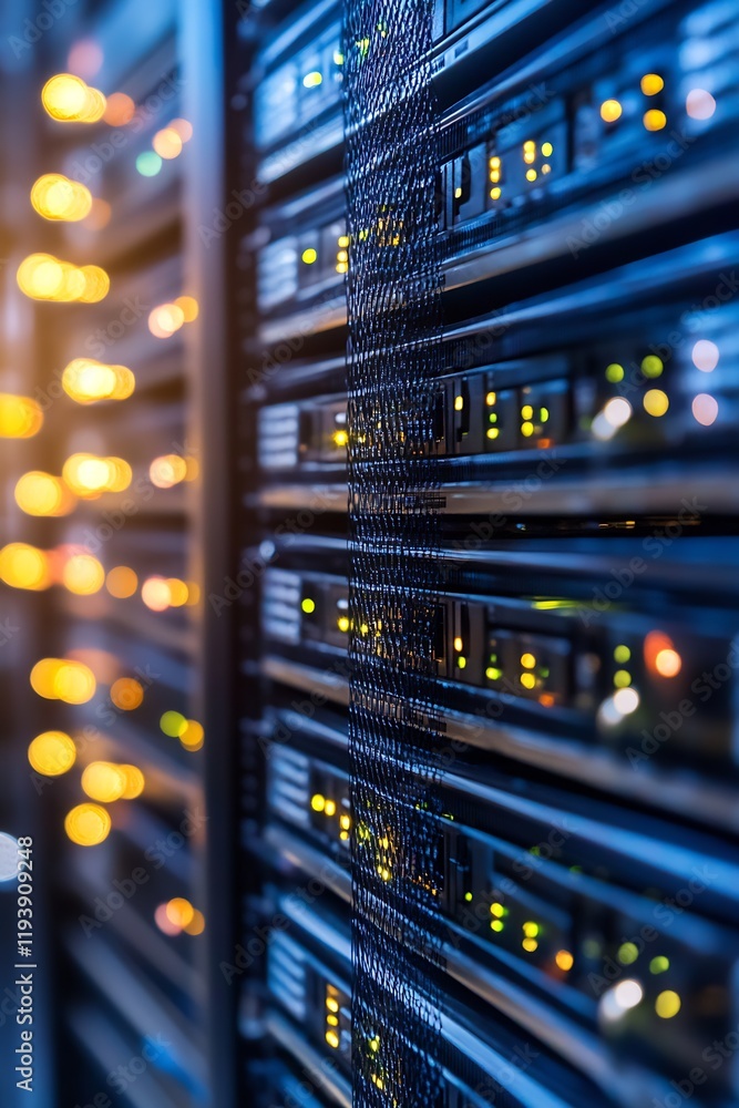 Poster high-tech data center servers with blinking led lights showcasing modern digital technology : genera