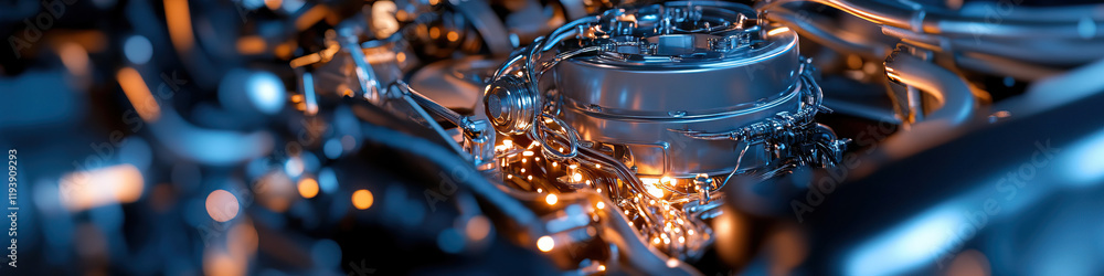 Poster close-up view of metallic engine component with wiring