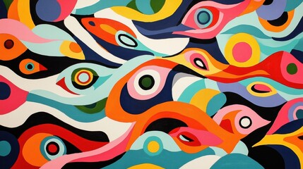 Colorful Abstract Design with Eyes and Curvy Shapes in Vibrant Palette
