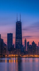 Obraz premium tall buildings illuminated at sunset next to a lake in Dubai with copy space vertically 9:16