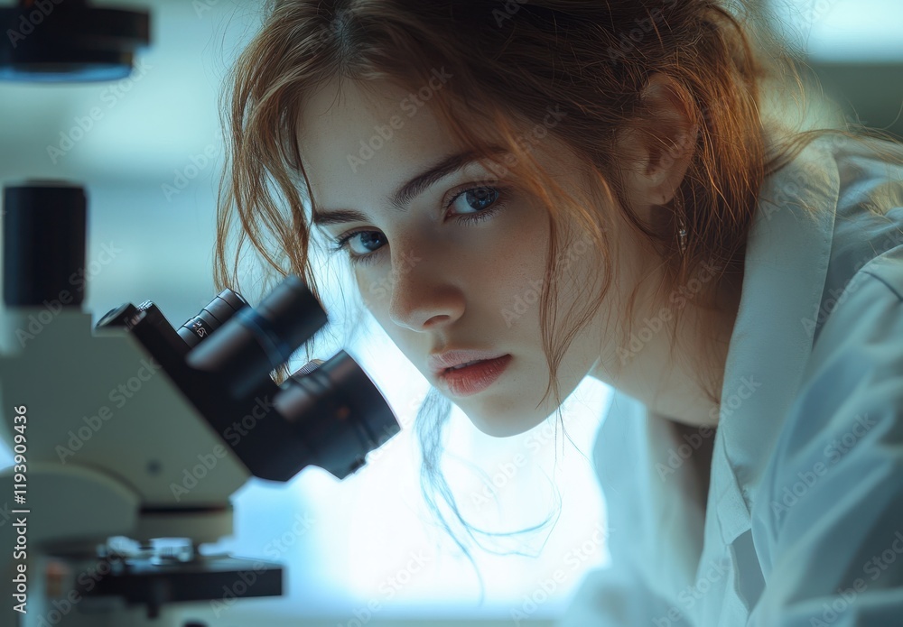 Poster young scientist engaged in microscopy research in a laboratory setting with soft lighting and intros