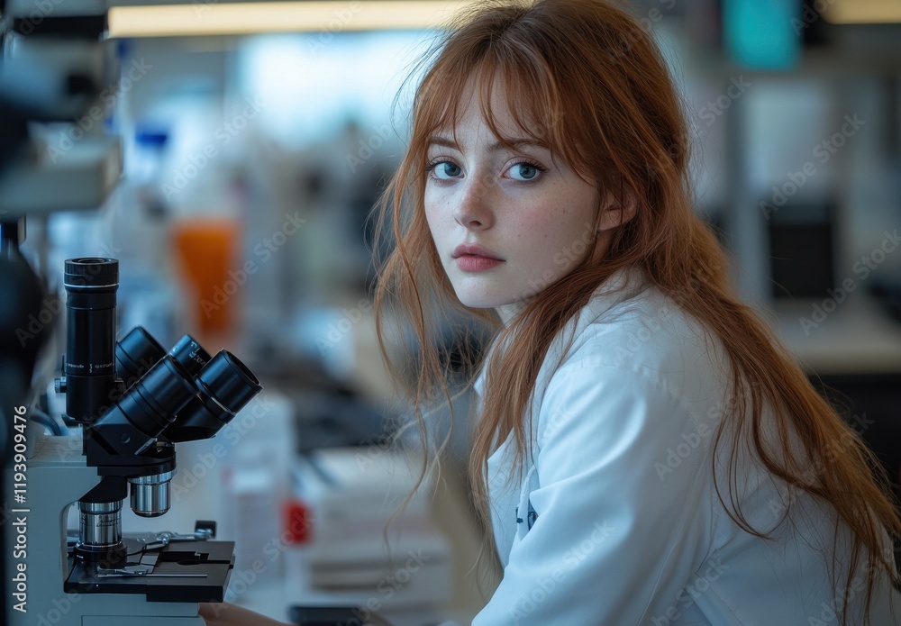 Poster young scientist with red hair focused on microscope in laboratory, exploring cellular structures and