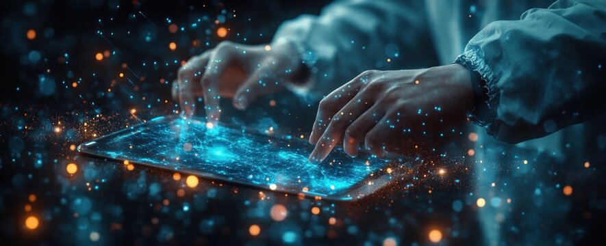 Futuristic Healthcare Doctor Examining Patient Data with Holographic Digital Interface