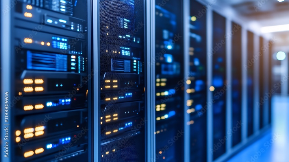 Poster futuristic server room with rows of blue illuminated network equipment : generative ai