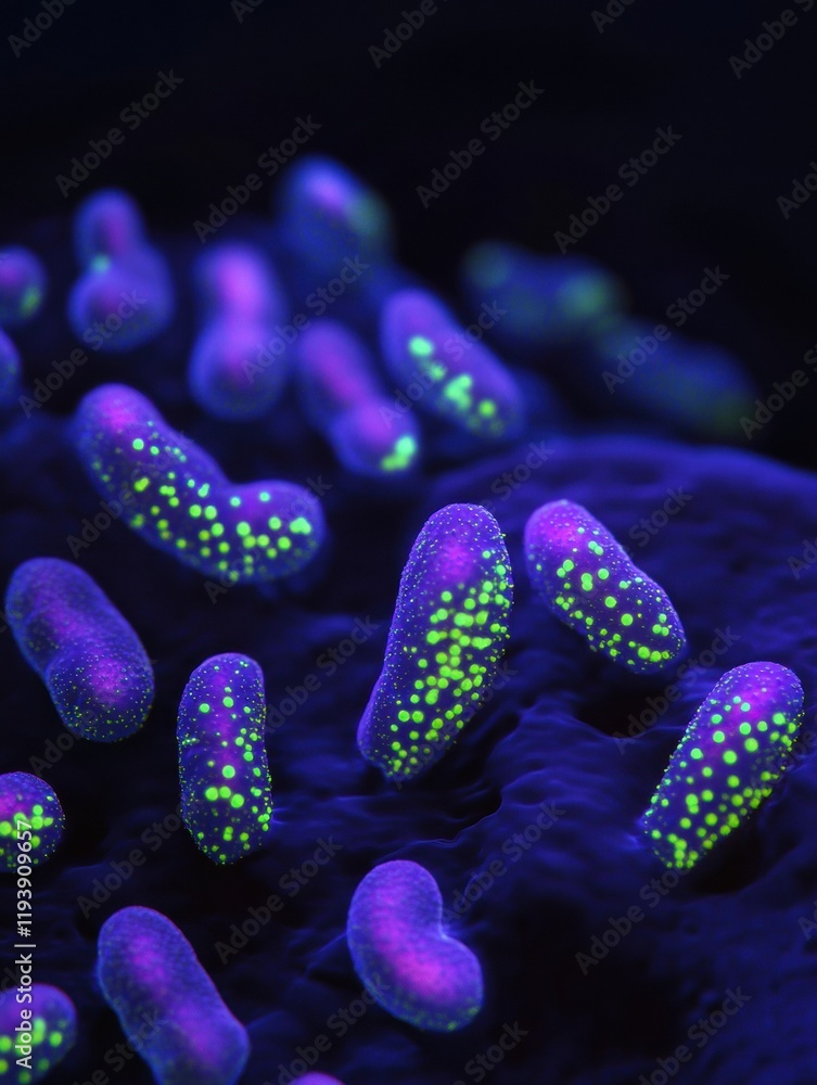 Poster glowing bacteria illuminated by ultraviolet light showcases vibrant colors and intricate details in 