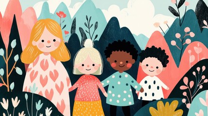 Fototapeta na wymiar Diverse Children with Colorful Nature Background in Playful Style