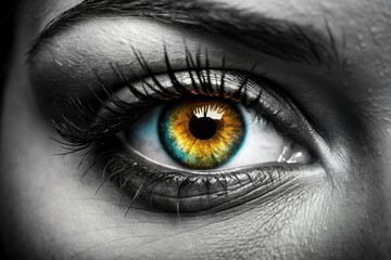 Obraz premium Intense black and white eye portrait: double eyelid, long lashes, and pupil emphasized for dramatic effect.