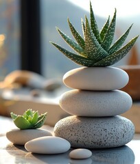 Minimalist still life display with white stones and aloe vera plants in natural light for modern interior decor