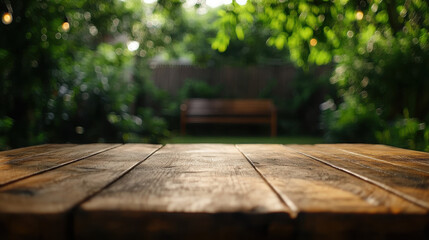 A wooden table in a lush garden with a bench in the background.