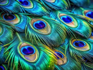 Macro photography reveals a peacock feather's mesmerizing blue-green iridescence, stunning detail.