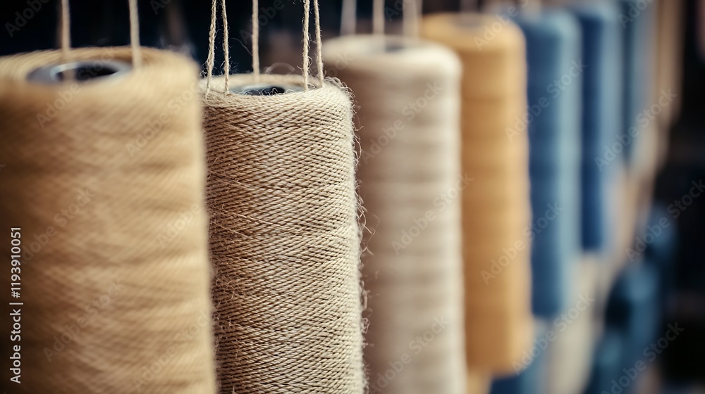 Aufkleber row of colorful natural twine spools creating a textured background in workshop : generative ai