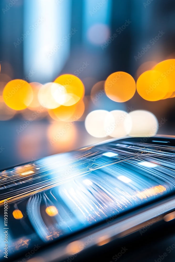 Poster modern smartphone with abstract cityscape reflection and bokeh urban lights at night : generative ai