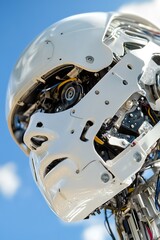 Fototapeta premium Futuristic White Robotic Head with Blue Sky Background Symbolizing AI Innovation : Generative AI