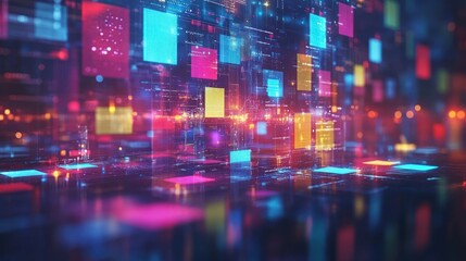 Obraz premium Abstract digital data stream; colorful blocks and glowing lines; futuristic city background; tech concept illustration