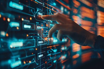 Close up of human hand pressing button on virtual screen.