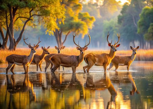 Photograph endangered Barasingha deer in Kanha National Park, India; their aquatic life captivates.