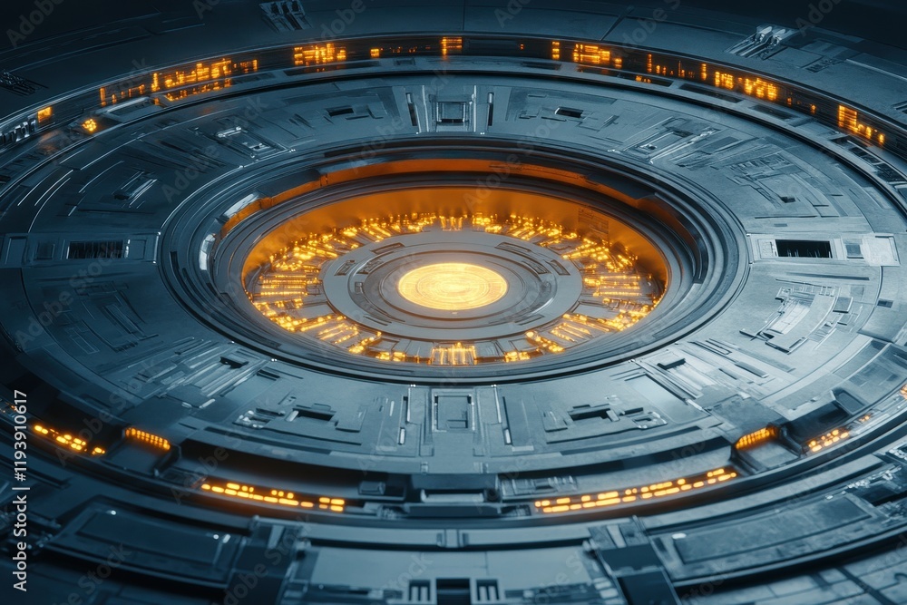 Poster futuristic circular device with glowing core; intricate metallic design. ideal for sci-fi, technolog