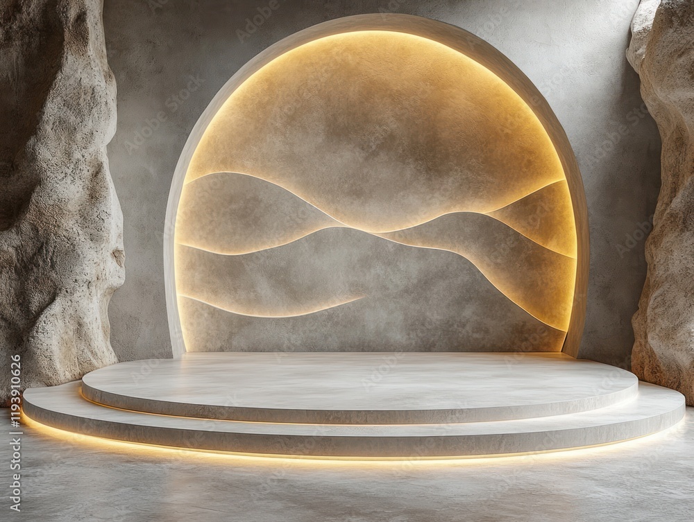 Aufkleber minimalist studio podium with abstract wave patterns and soft lighting for product display