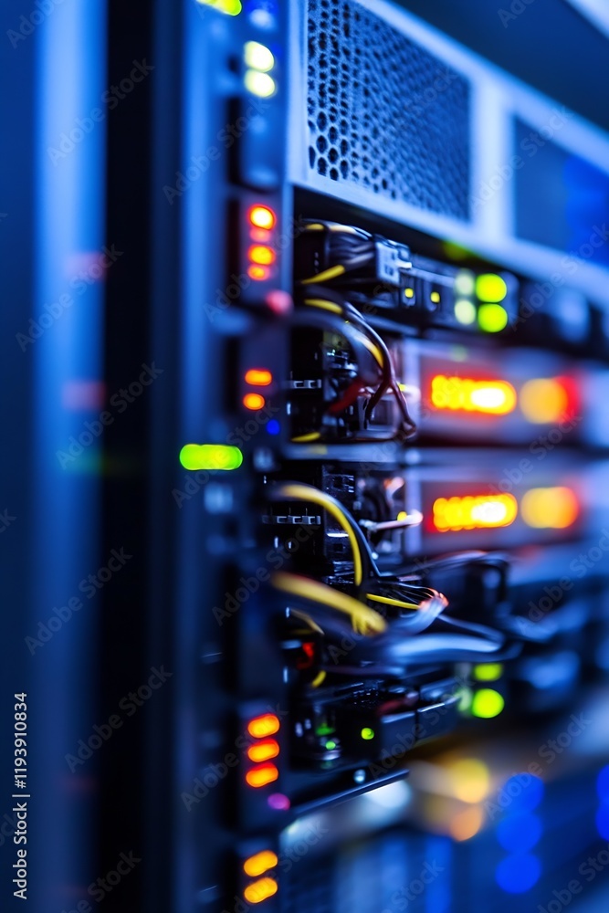 Fototapete colorful network server lights indicating data transfer in it infrastructure : generative ai