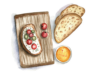Watercolor illustration of a delicious bruschetta with tomatoes and cheese.