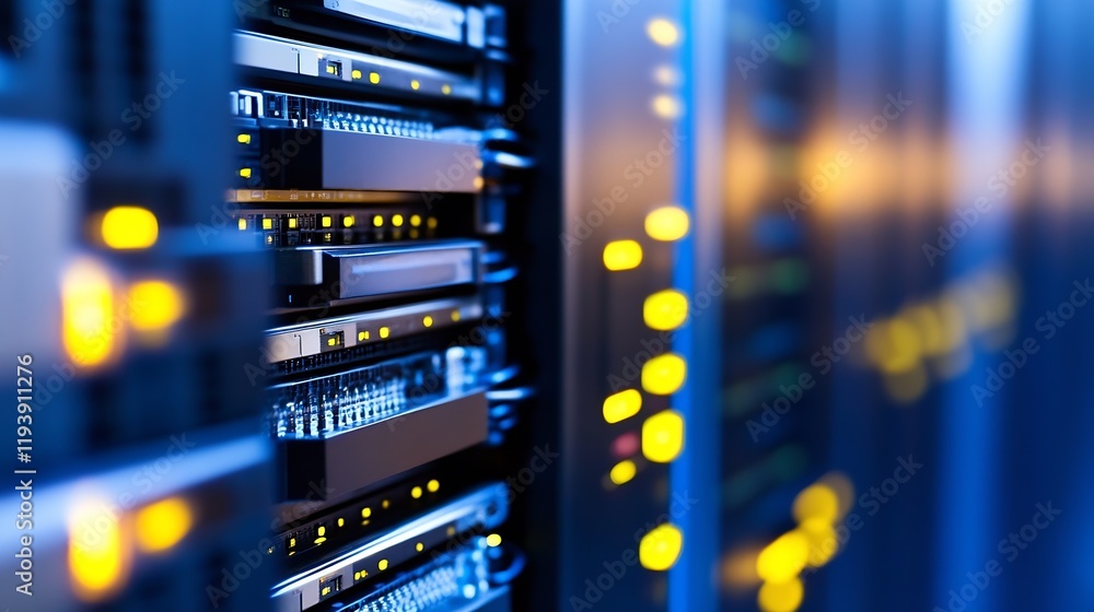 Aufkleber Close-Up View of Modern Server Equipment with LED Lights in Data Center Environment : Generative AI