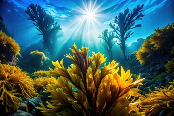 Fototapeta premium Submerged Laminaria sea kale forms dramatic silhouettes against the ocean reef.