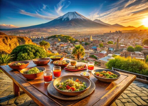 Stunning Arequipa food photography: Yanahuara's Mirador showcases El Misti and city views.