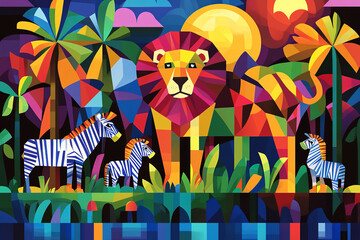 The image depicts a vibrant, geometrically stylized jungle scene with a lion, zebras, and other animals