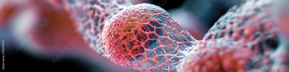 Poster microscopic image of cellular structure with interconnected nodes and filaments