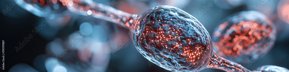 Poster microscopic rendering of interconnected spheres with internal luminescence
