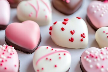 Fototapeta premium Assorted Heart Shaped Chocolate Candies with Pink and White Decorations : Generative AI