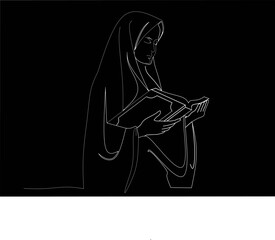 Muslim woman reading quran lineart design vector on black background,muslim woman reading quran design vector, vector illustration 