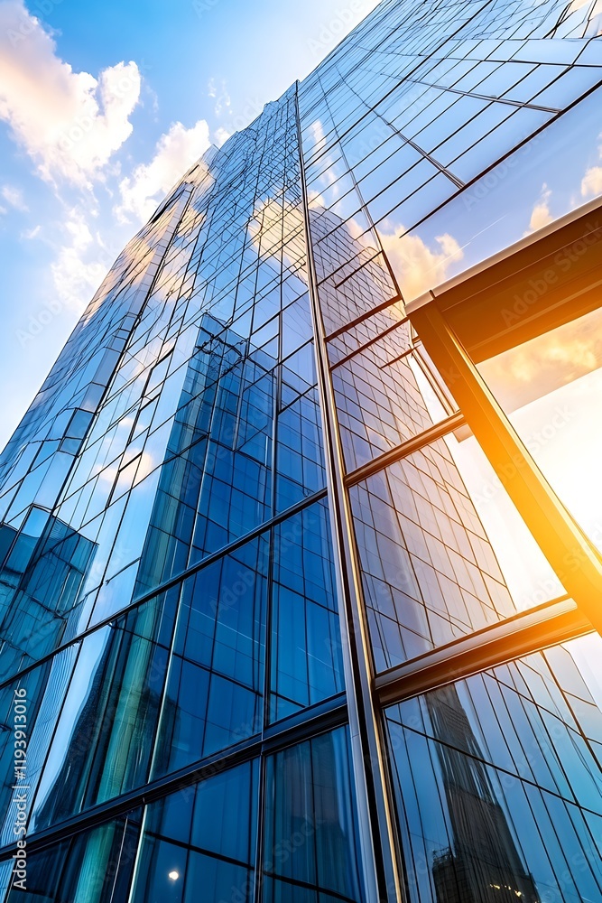 Poster modern glass skyscraper reflecting sky and clouds capturing urban progress : generative ai