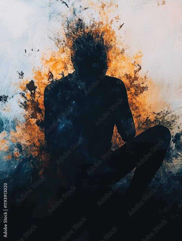 Poster person sitting in shadows, abstract representation of mental turmoil and emotional struggle captured