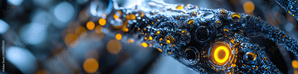 Poster digital rendering of bio-organic metallic structure with glowing orange components
